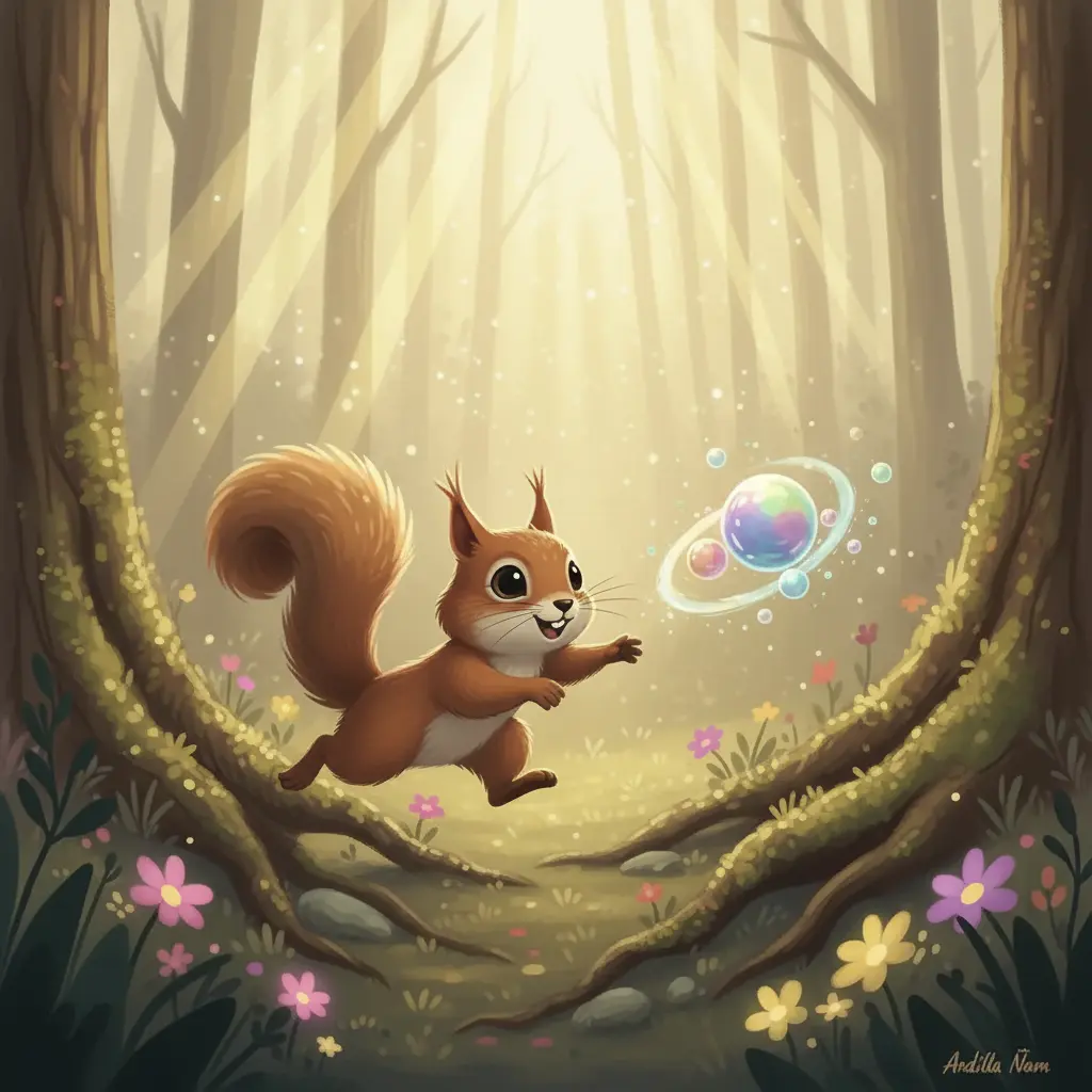 Ardilla Ñam persiguiendo el pastel volador por el bosque.