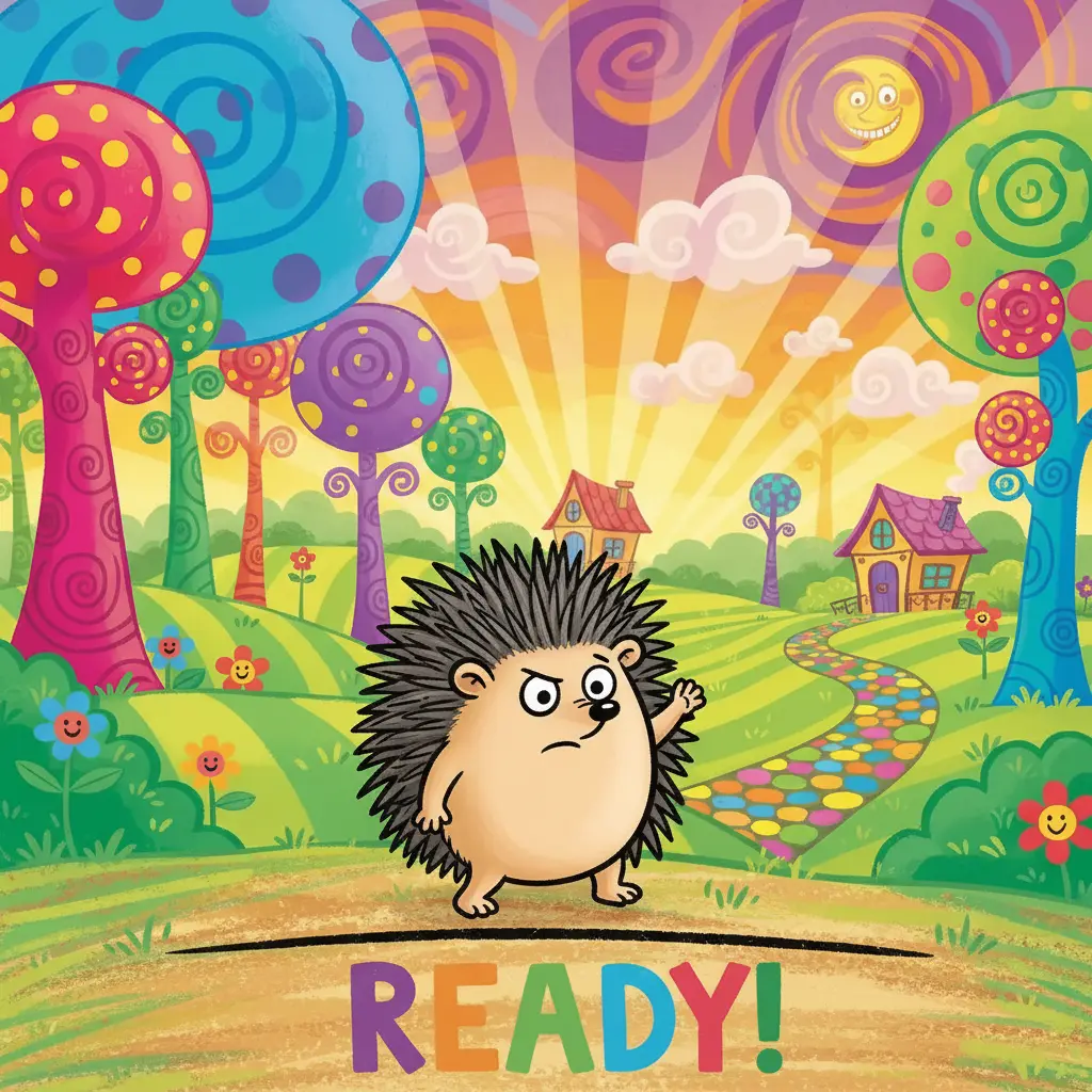 Un erizo redondo y rápido se prepara para una carrera en el Bosque Chiflado.