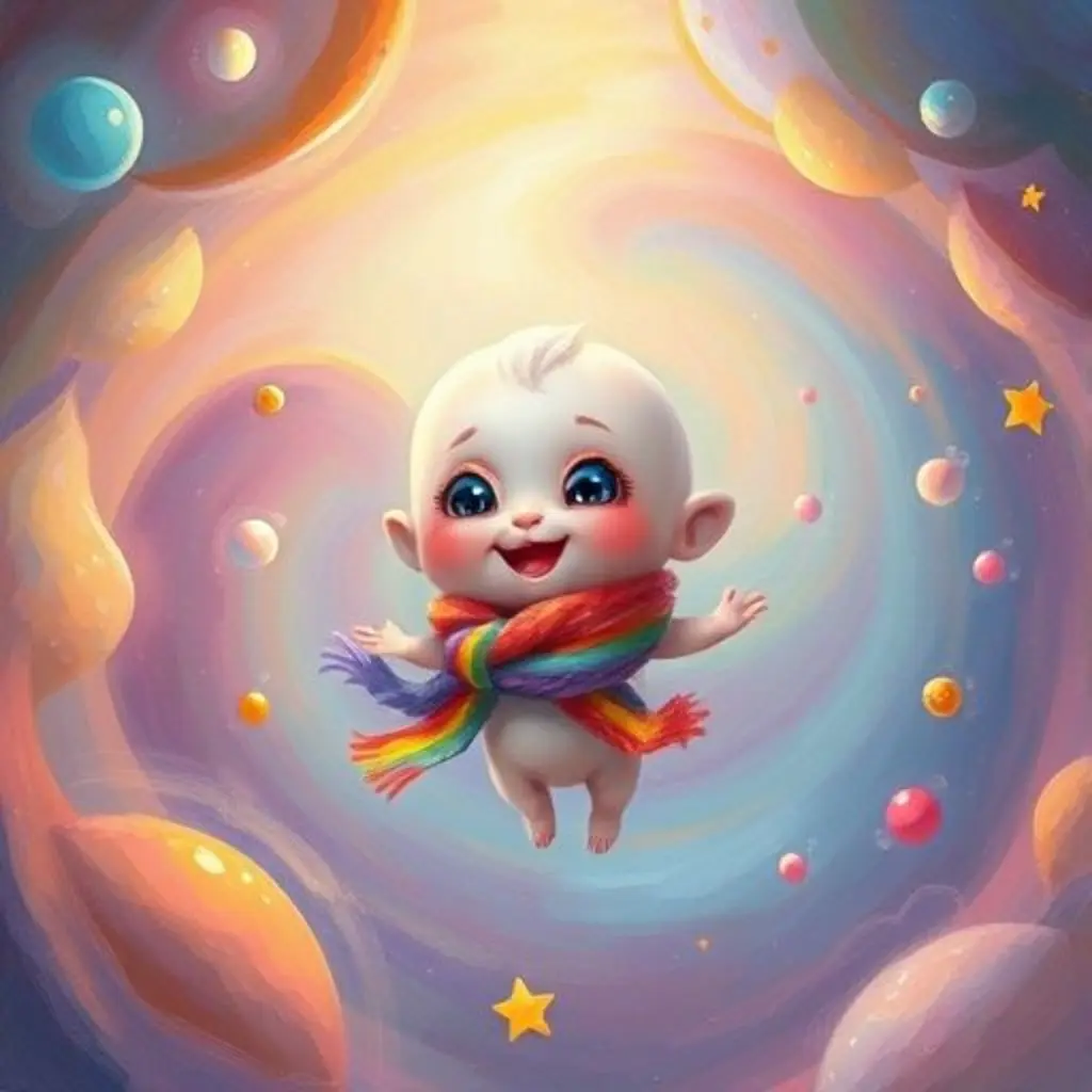 Un Pequeño Secreto flotando feliz en un sueño lleno de colores.