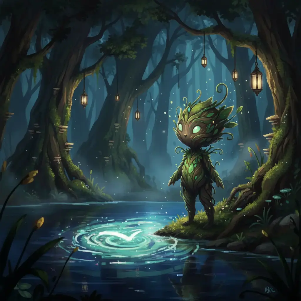 El espíritu observa el lago ancestral, que burbujea suavemente con un brillo mágico, como si le guiñara un ojo con un secreto.