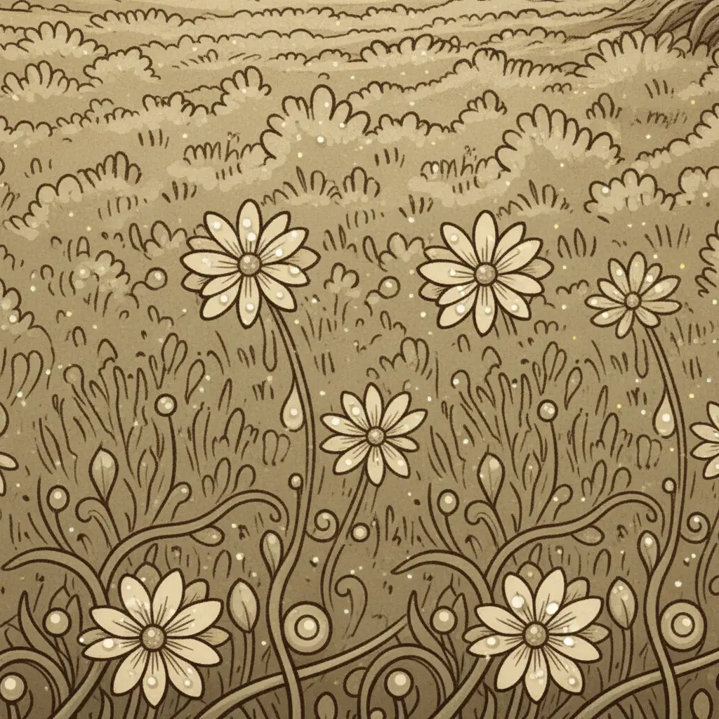 Un acercamiento a las flores recién brotadas, con gotas de rocío que brillan.