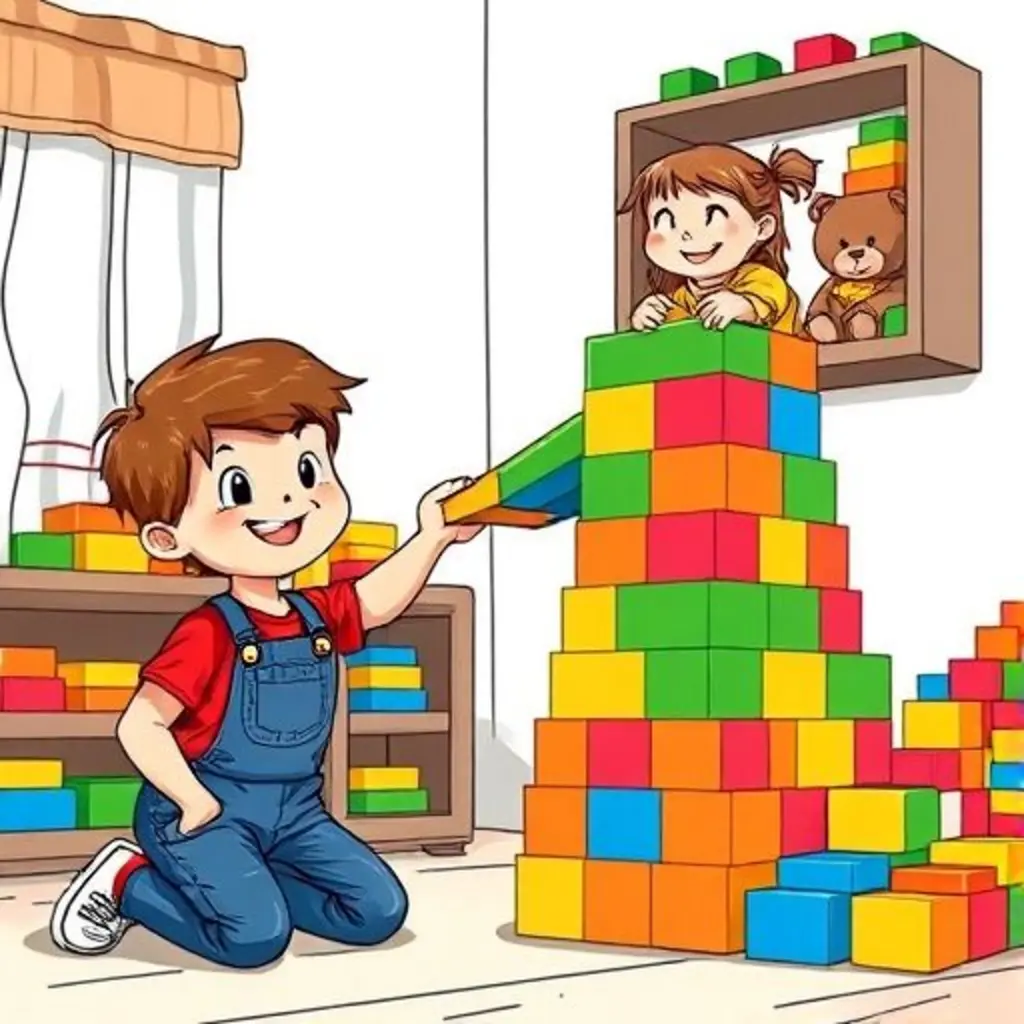 Leo sonríe orgulloso junto a un puente de bloques que ayuda a Lily a alcanzar su osito.