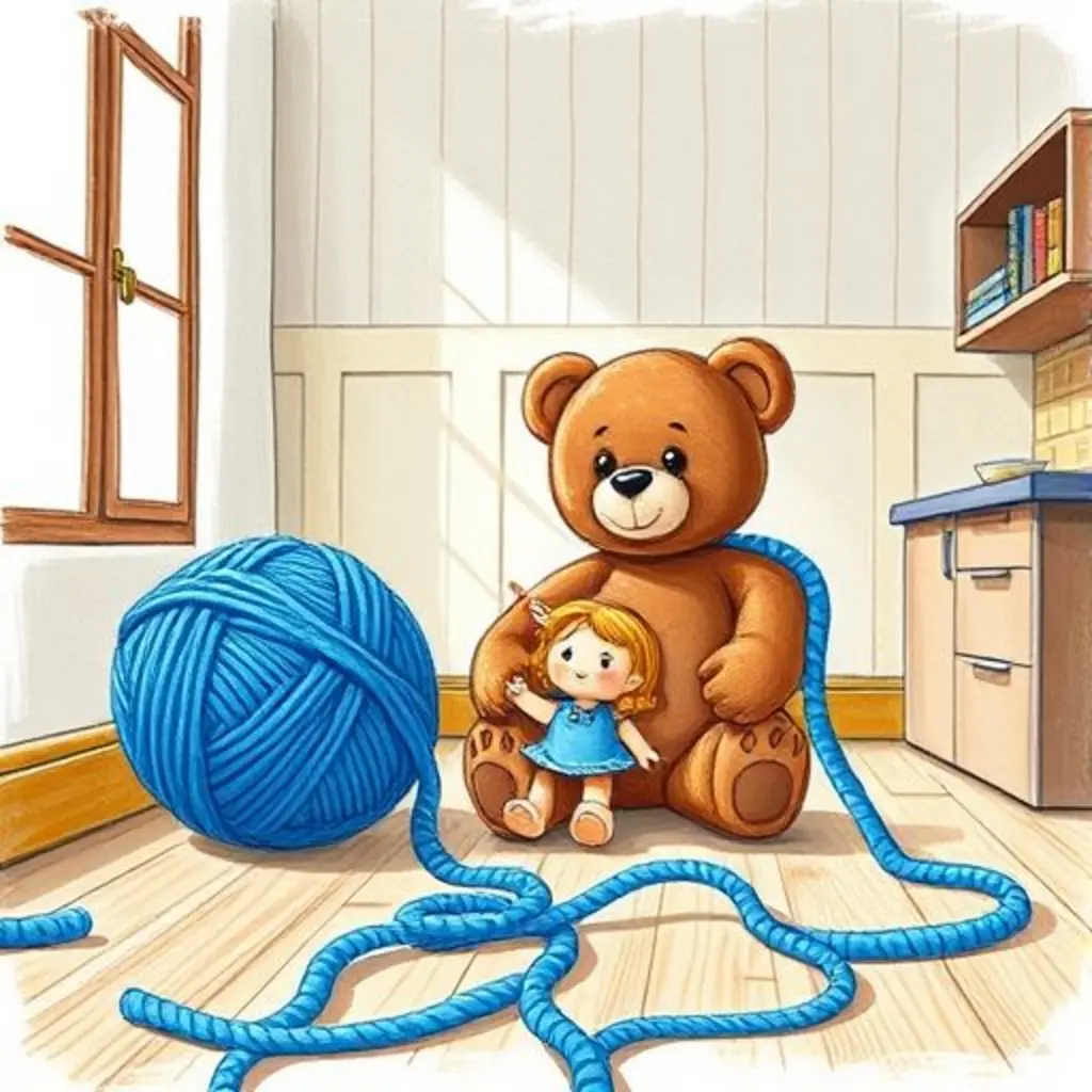 Azulito conecta al osito y la muñeca con un largo puente de lana, y ellos juegan felices.