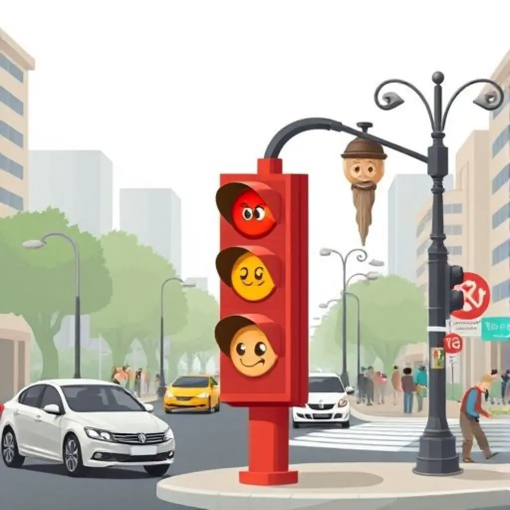 Semáforo Rojo, un semáforo antropomórfico, luce aburrido en una esquina, mientras un farol lo observa.