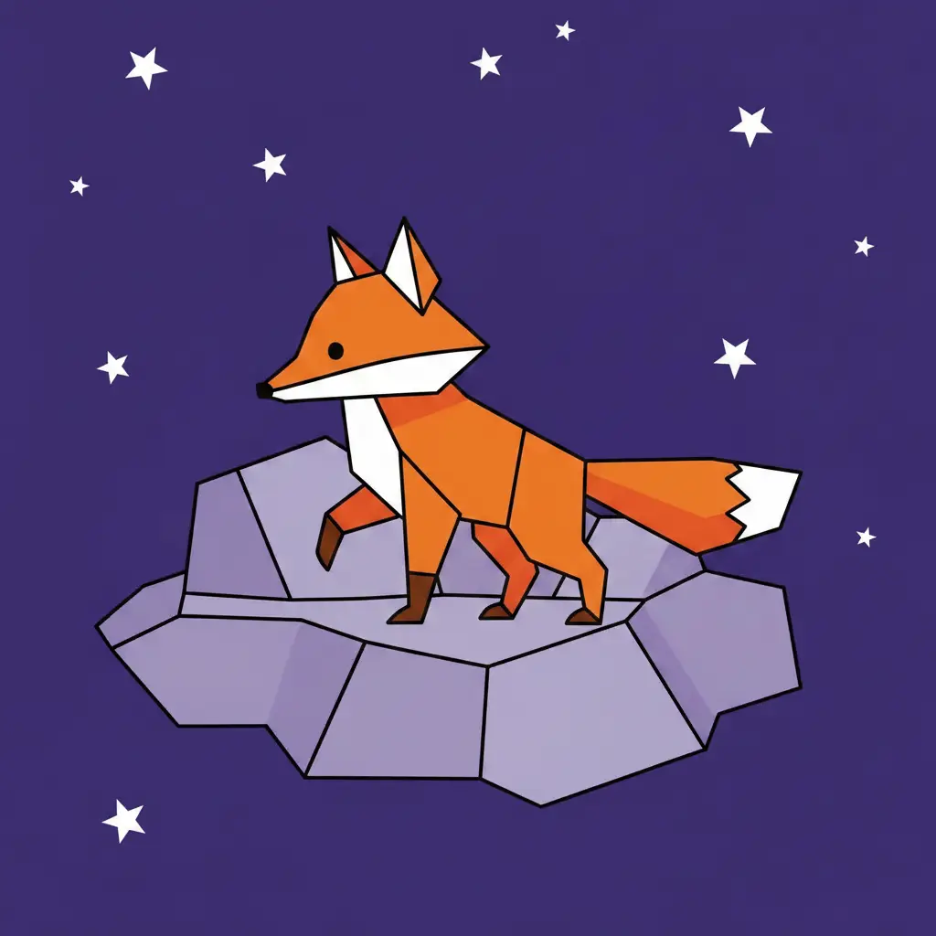 Un zorro naranja de papel caminando sobre una nube violeta.