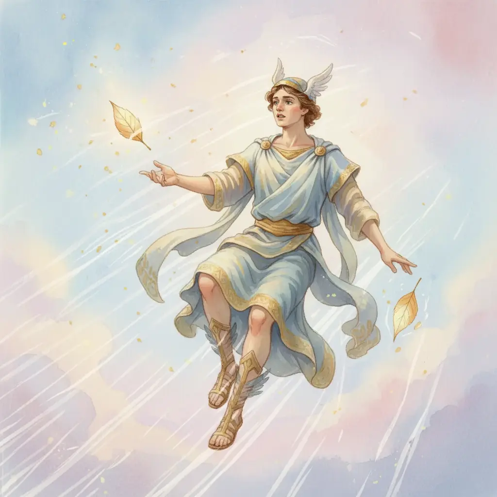 Hermes vuela veloz, su rostro preocupado, mientras una hojita de deseo se le escapa de las manos y cae.