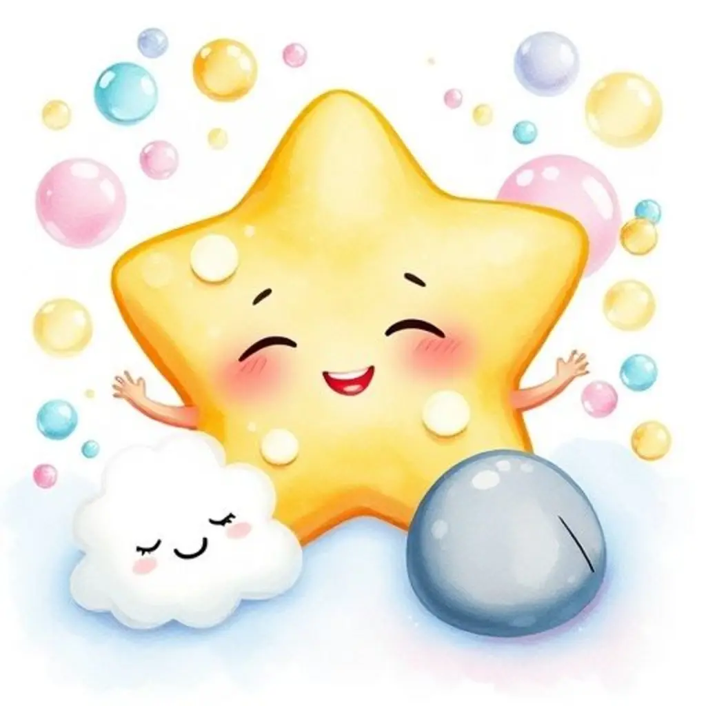 Estrellita Jabonosa crea burbujas de colores para una nube de baño y una pequeña piedra.