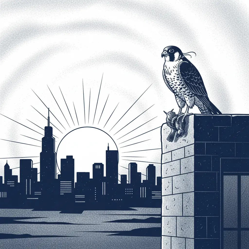 El halcón descansa en la cornisa con su presa bajo la garra.