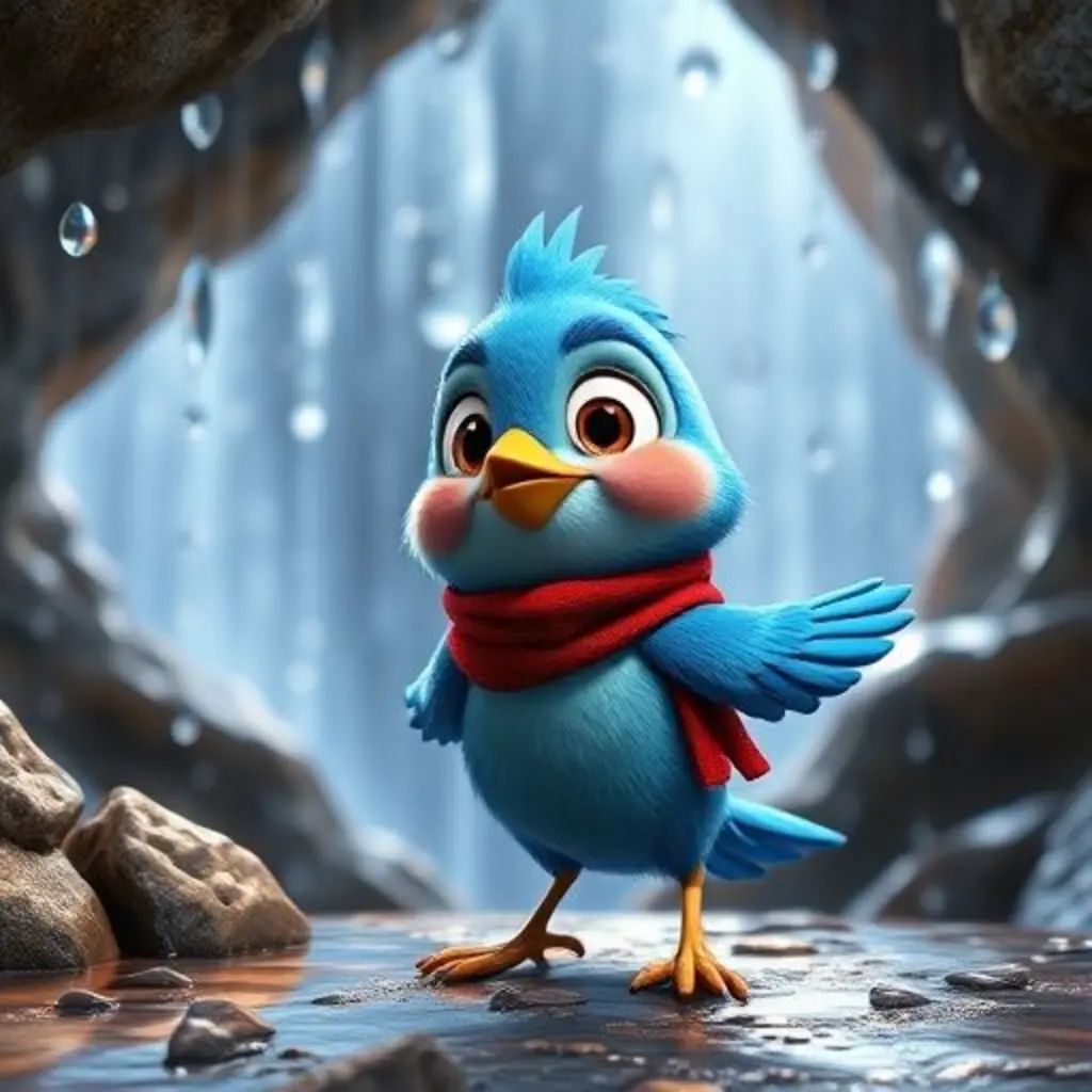 Pío el pajarito mirando gotas de agua caer rítmicamente en una cueva.