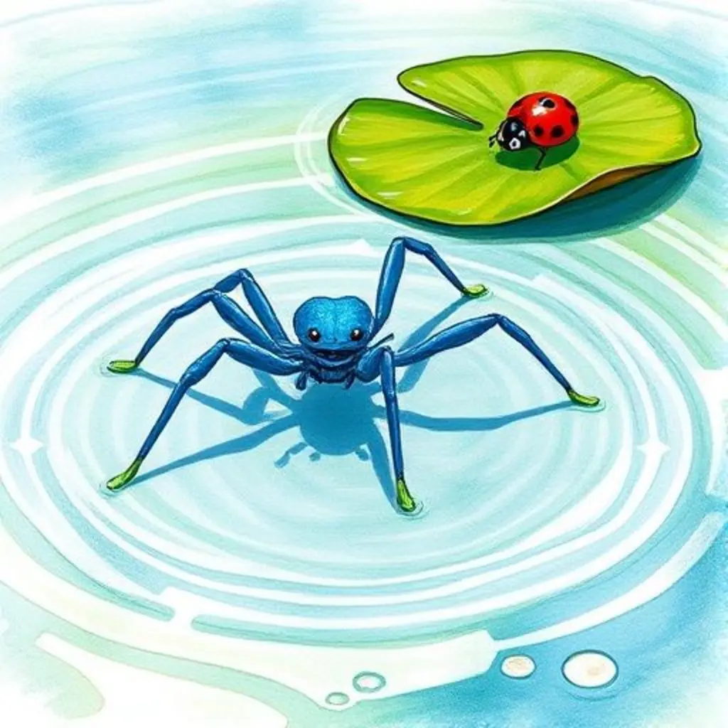 Salta baila sobre el agua, creando chispas. Una mariquita la mira sorprendida.