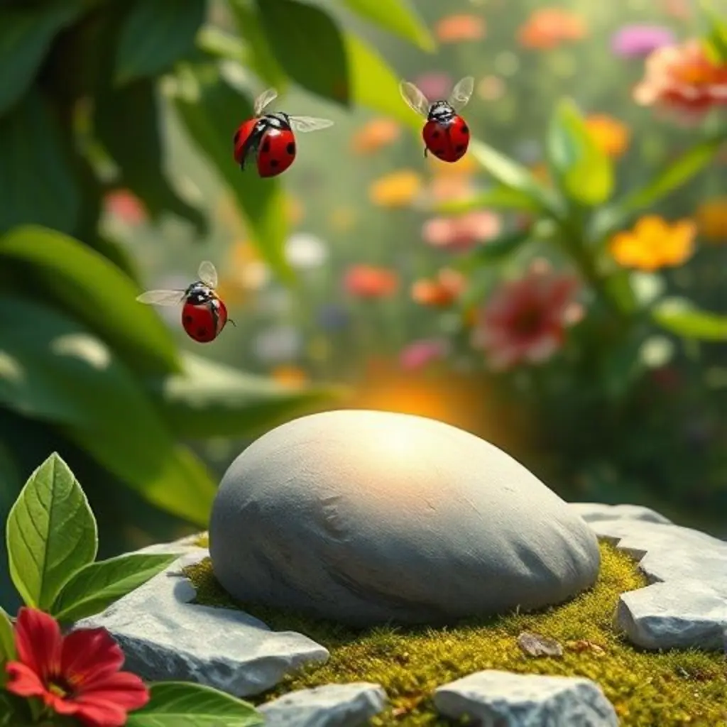 Guijarro Mágico, una piedra lisa, comienza a brillar en el jardín, atrayendo a las mariquitas.