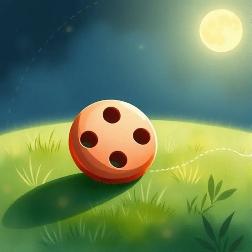 Redondo, el botón, rodando por la hierba bajo la luz de la luna.