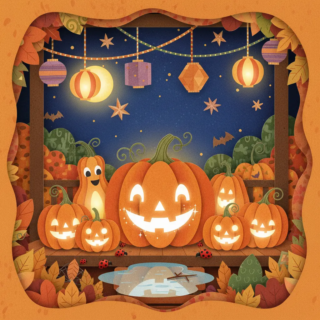 Pepita se dibuja una sonrisa enorme con una ramita y mariquitas, y brilla bajo la luna, feliz y brillante.