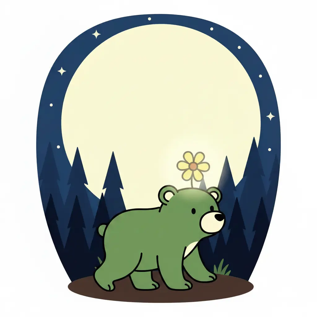 Milo el oso de musgo caminando entre árboles azul oscuro bajo la luna.