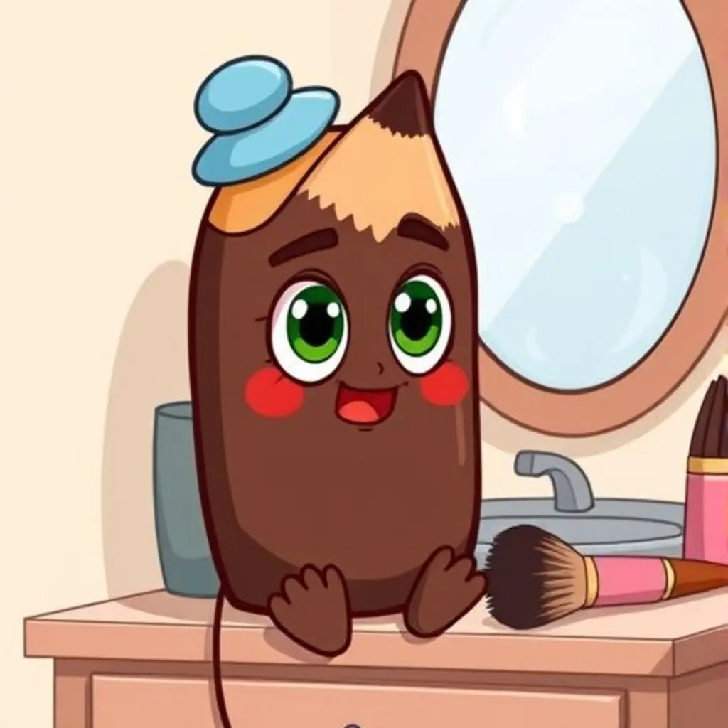 PintaSueños, un lápiz de cejas, mira con curiosidad un espejo empañado desde el tocador.