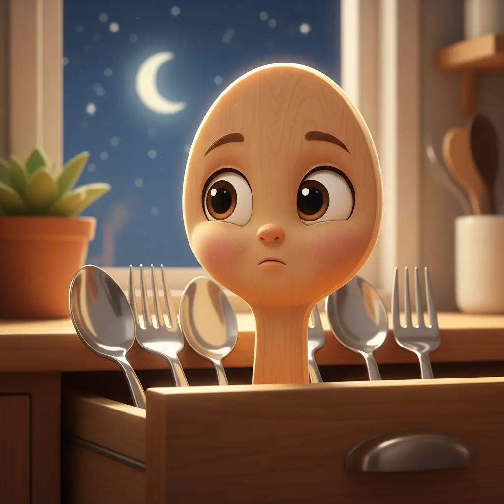 Palita, una cuchara de madera, sola en un cajón oscuro bajo un cielo estrellado.