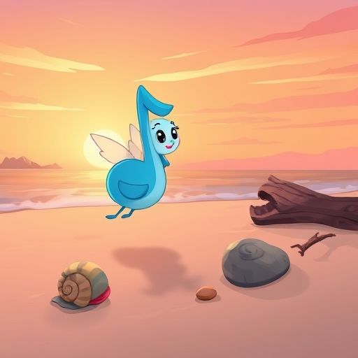 Kina, una pequeña nota musical, volando hacia una playa mágica al atardecer.
