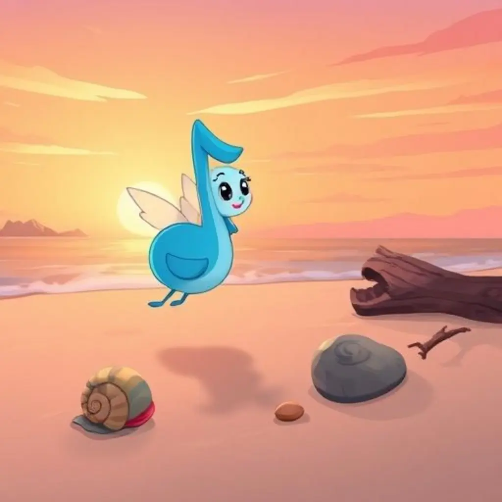 Kina, una pequeña nota musical, volando hacia una playa mágica al atardecer.