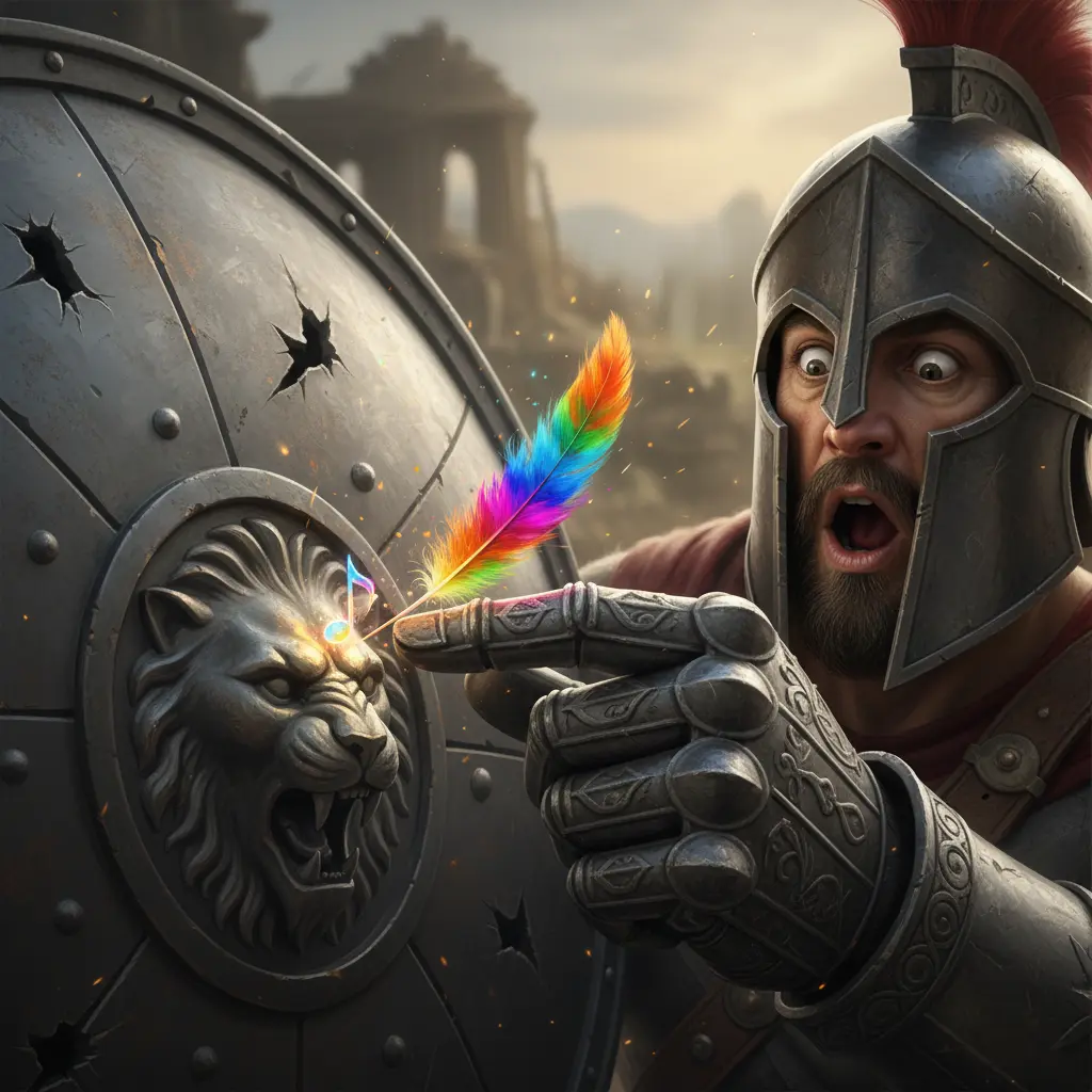 Una pluma colorida roza un escudo gris de Ares, y una pequeña nota musical vibrante empieza a brotar, sorprendiendo al dios.