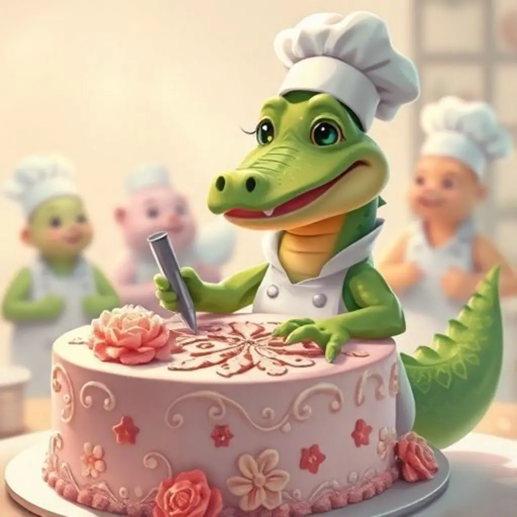 Croc feliz, decorando un pastel con diseños mágicos, mientras otros chefs admiran.