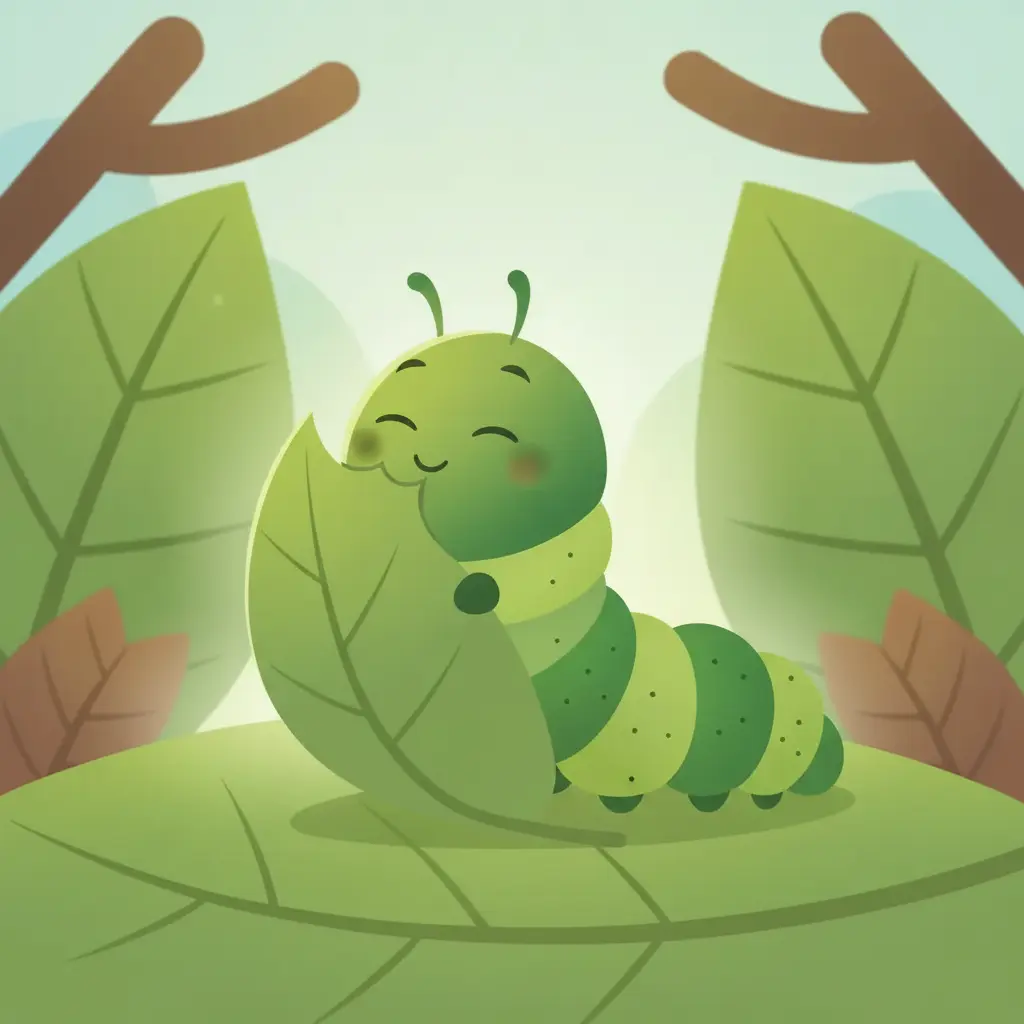 La oruga Comilona toma un nuevo y jugoso bocado de la hoja.