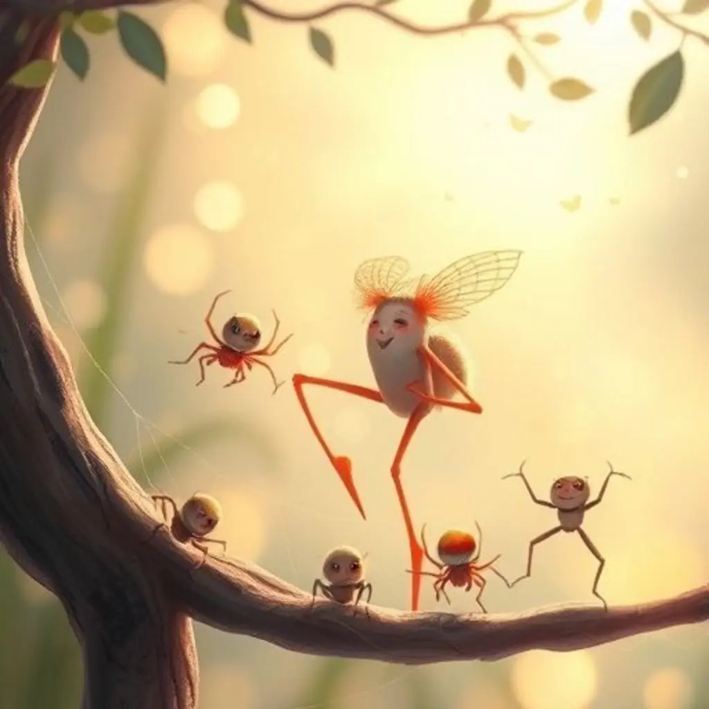 Hoja Melodía muestra a las arañitas cómo crea música, y ellas bailan alegres.