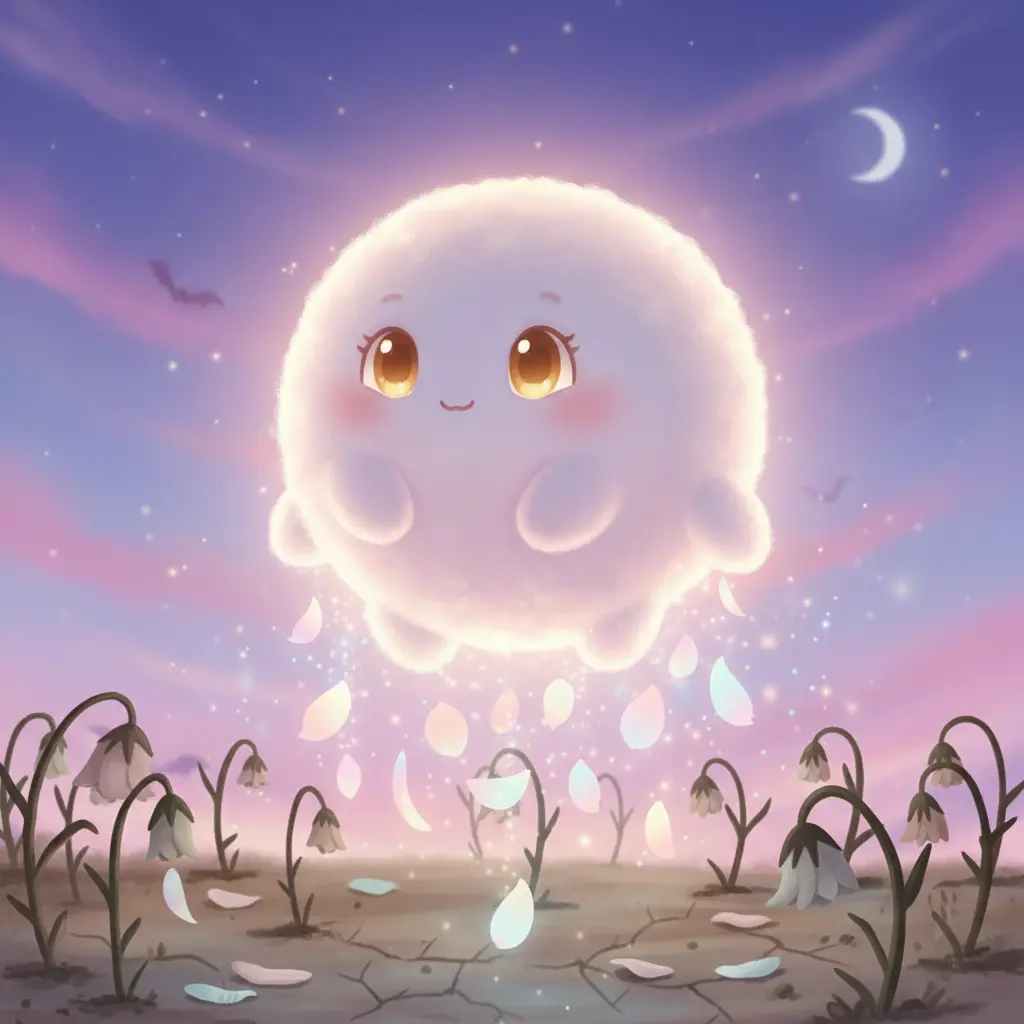 Nubecita Pétalo observa un jardín marchito y triste desde el cielo crepuscular de Halloween, con tallos desnudos y colores apagados.