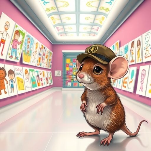 Ratón Curioso sonríe en una galería llena de dibujos de niños vibrantes.