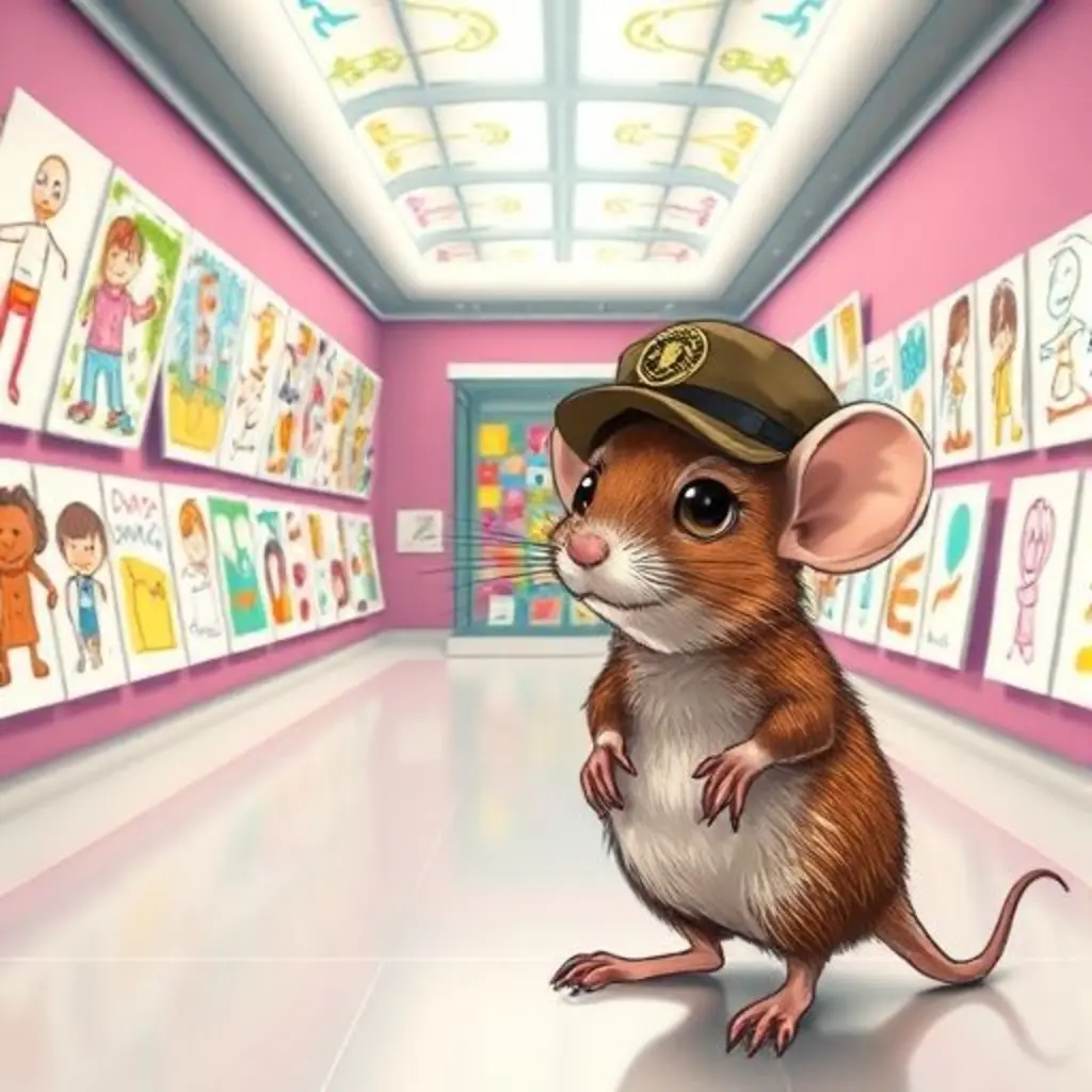 Ratón Curioso sonríe en una galería llena de dibujos de niños vibrantes.