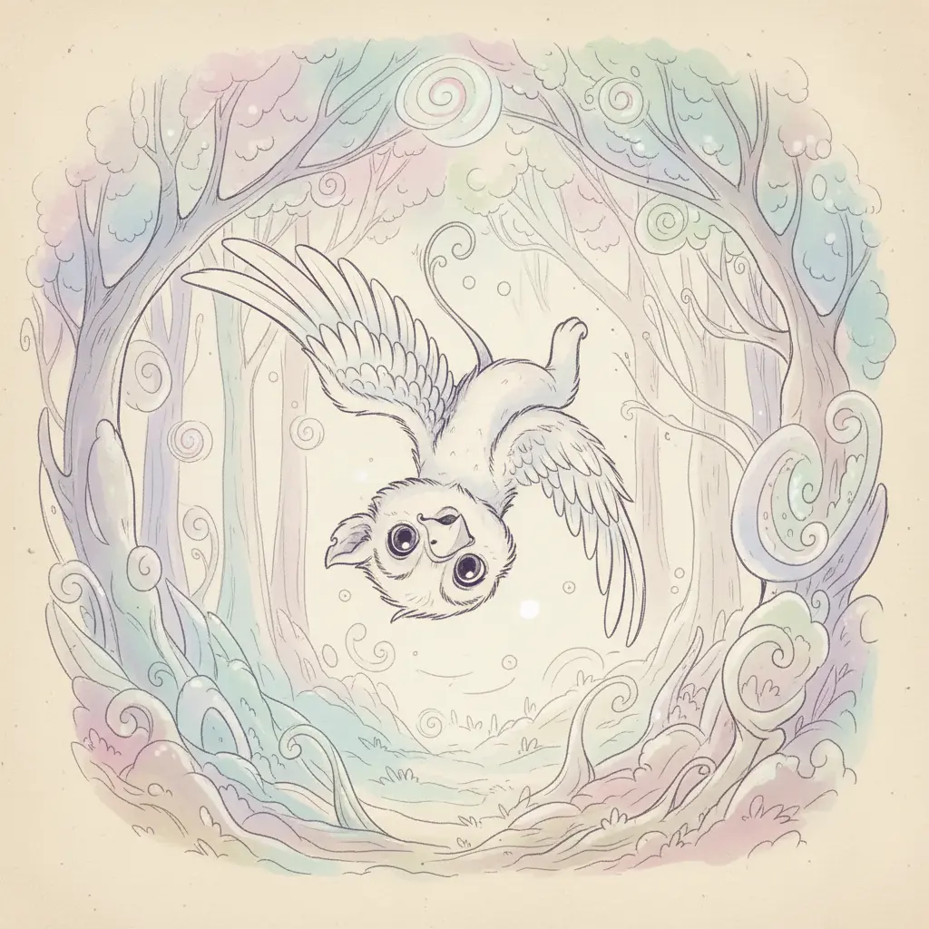 El grifoncito cae suavemente a través del bosque mágico, mientras los árboles cambian sus formas alrededor.