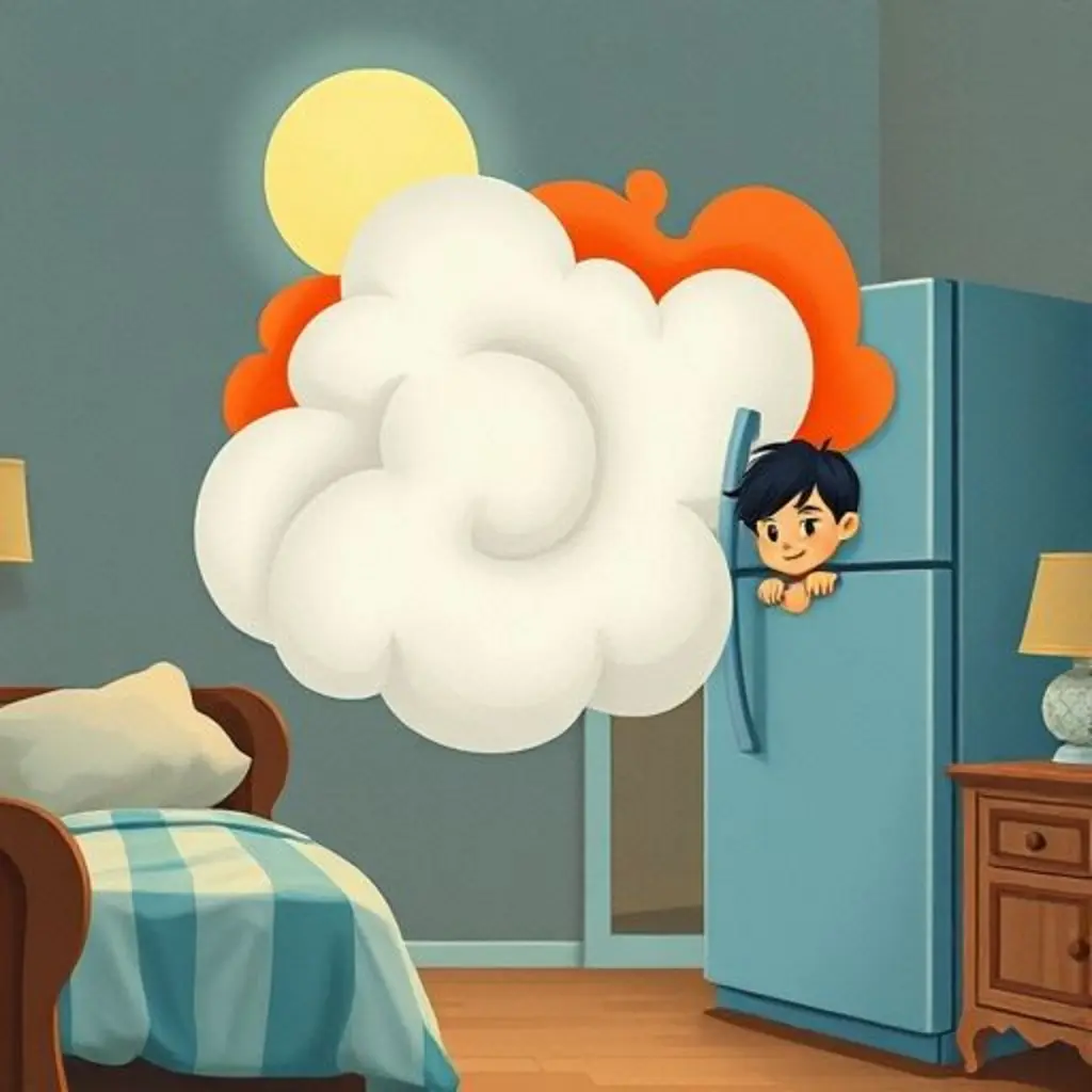 Chispa crea una nube de aroma a espagueti. Un niño llamado Leo se asoma por la puerta, intrigado.