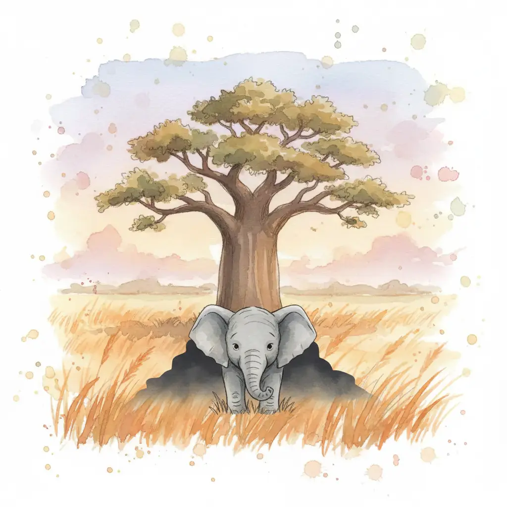 Se ven la trompa, las orejas y las cuatro patas gruesas del elefante, con el tronco central todavía en sombra.