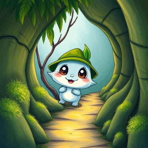 Coco se enreda cómicamente en ramas musgosas en un sendero misterioso del jardín.