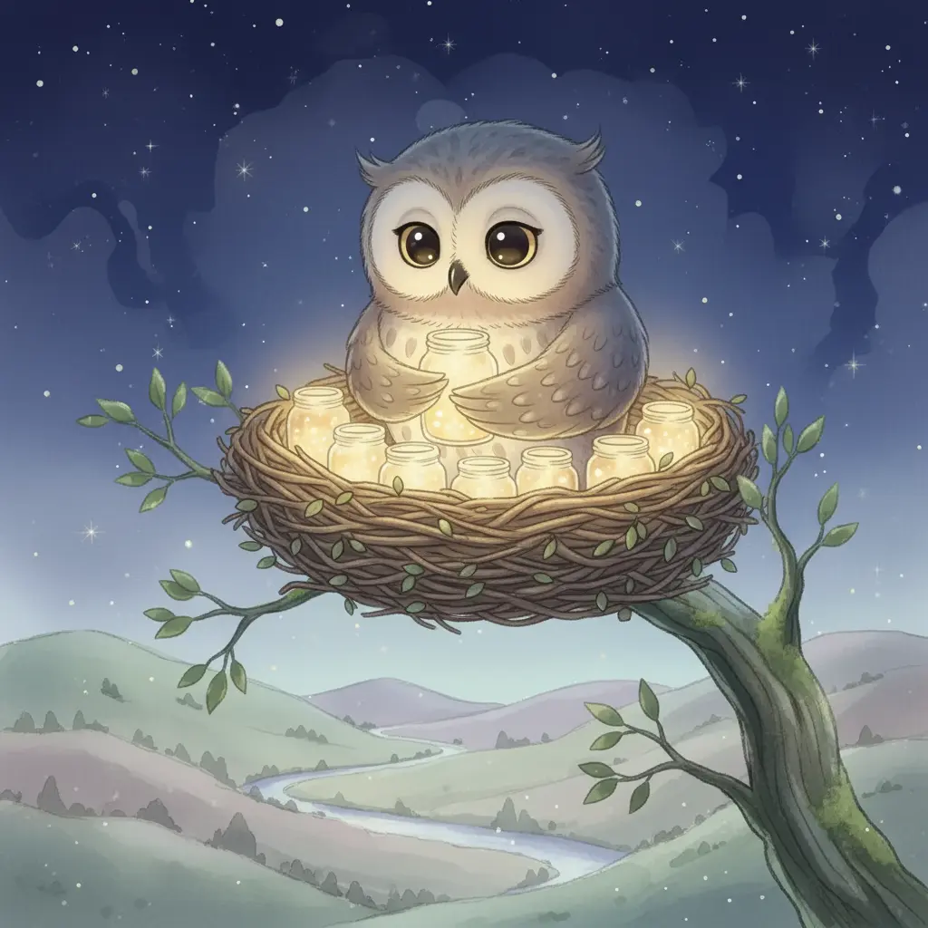 Ulises el búho en su nido, rodeado de pequeños frascos brillantes.