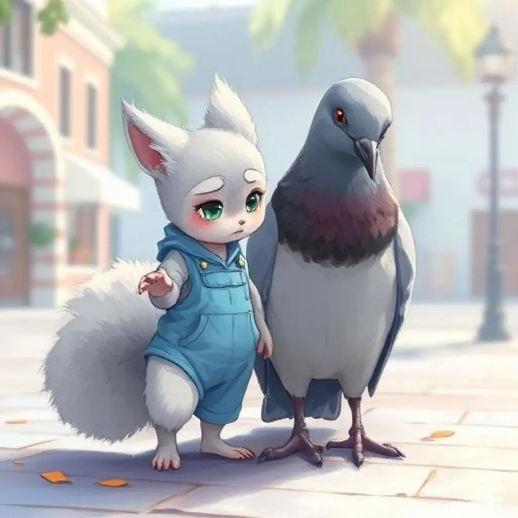 Dira, la ardilla-nube, con una expresión un poco triste, pidiendo ayuda a una paloma para buscar su botón perdido en la plaza.