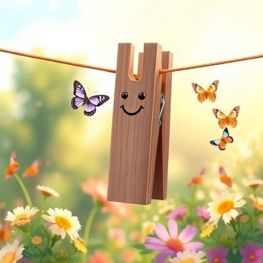 Pincita, la pinza de madera, observando mariposas en el jardín.