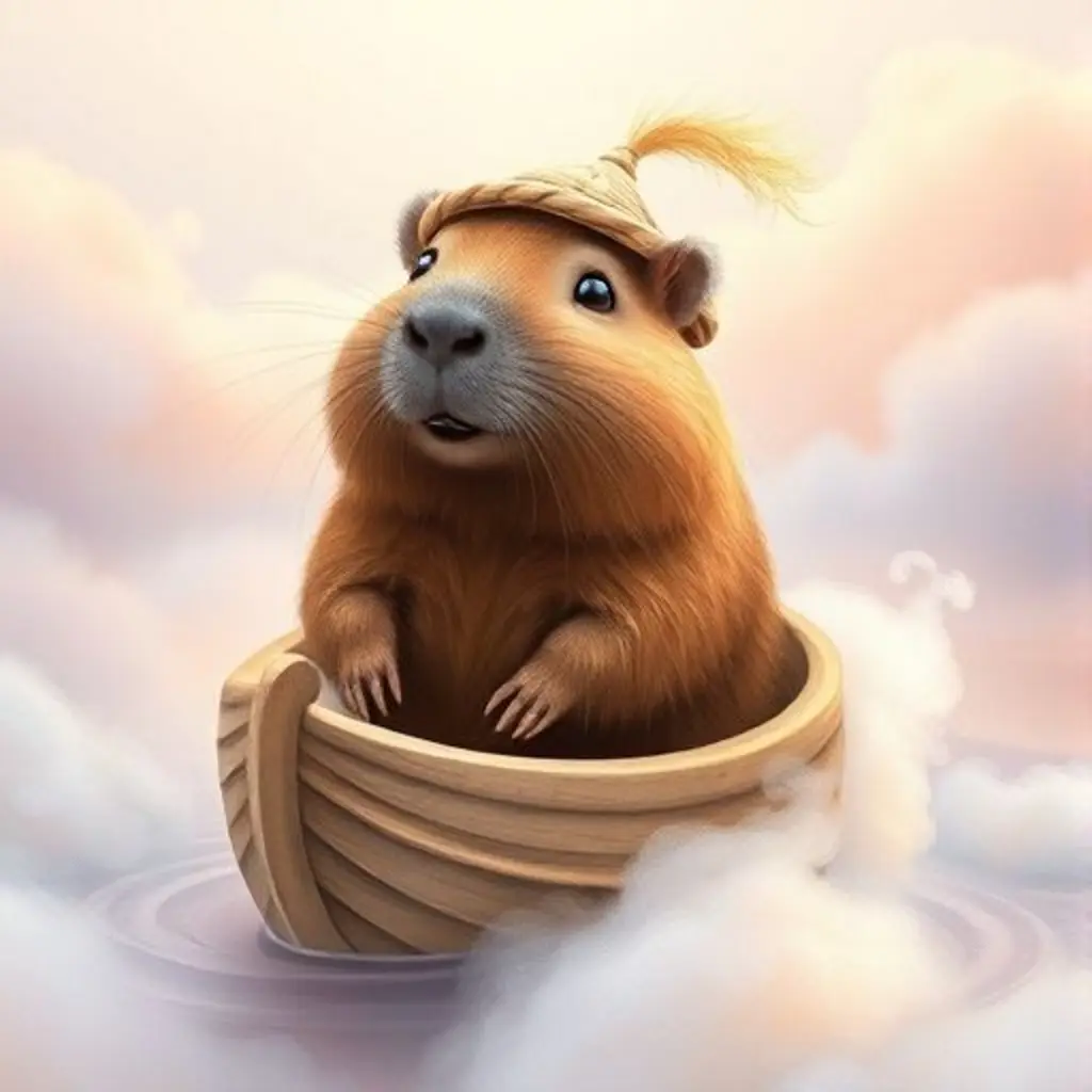 Curiosín dentro de un barquito hecho de vapor, navegando sobre nubes.