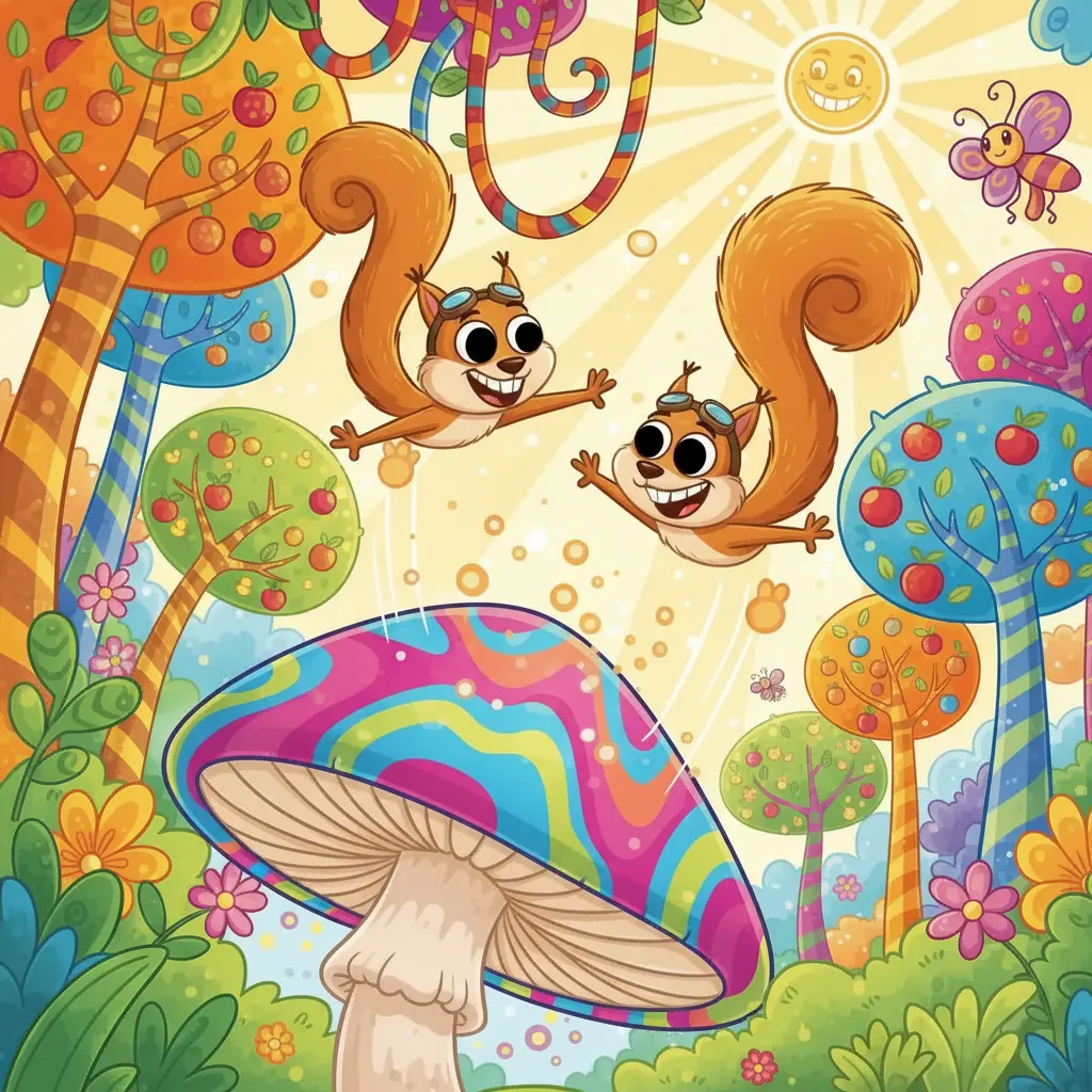 Pip y Zip, dos ardillas, descubren una seta gigante y elástica.