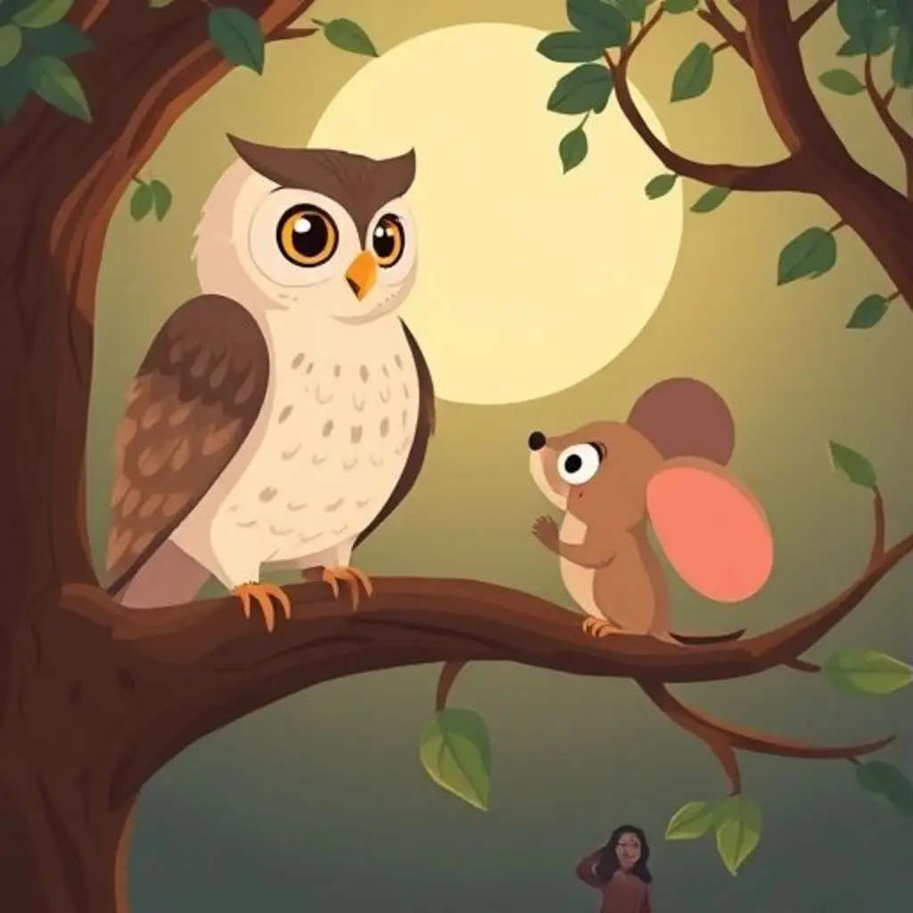 El búho habla suavemente con el ratón tímido.