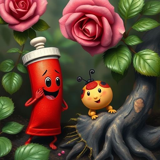 Pintín y Brochín buscan a Brillín, que se ha caído junto a un rosal, mientras una mariquita los observa.