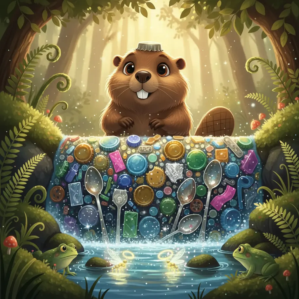 Agua con destellos de luz filtrándose por la presa de Copito, atrayendo insectos luminosos.