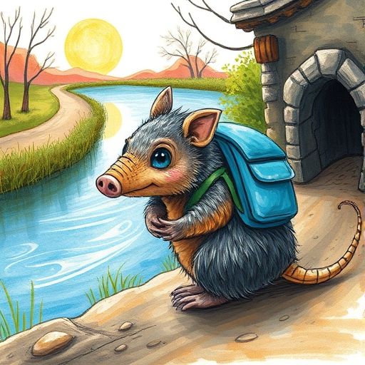 Rolo, un armadillo con mochila azul, se despierta curioso junto al río.