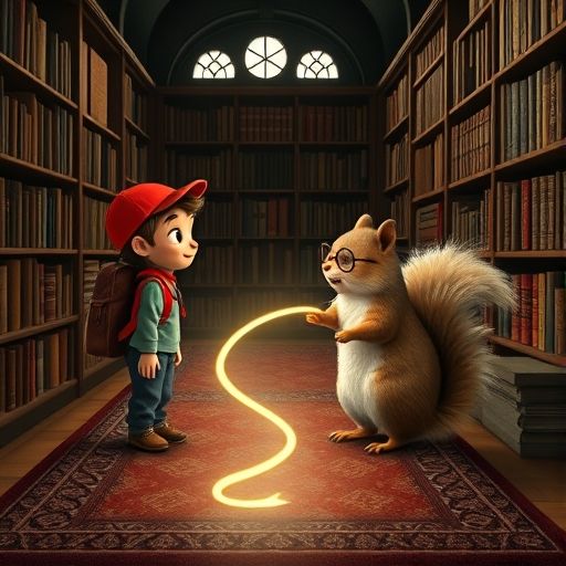 Leo y Chispa en una biblioteca, viendo un hilo mágico.
