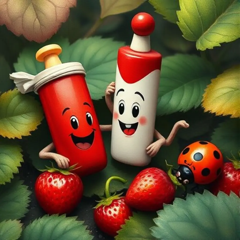 Pintín, Brochín y Brillín encuentran pequeñas fresas con la ayuda de la mariquita Catalina.