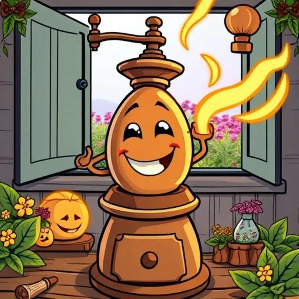Aromas en un molinillo mágico, su esencia dorada se esparce hacia un jardín.