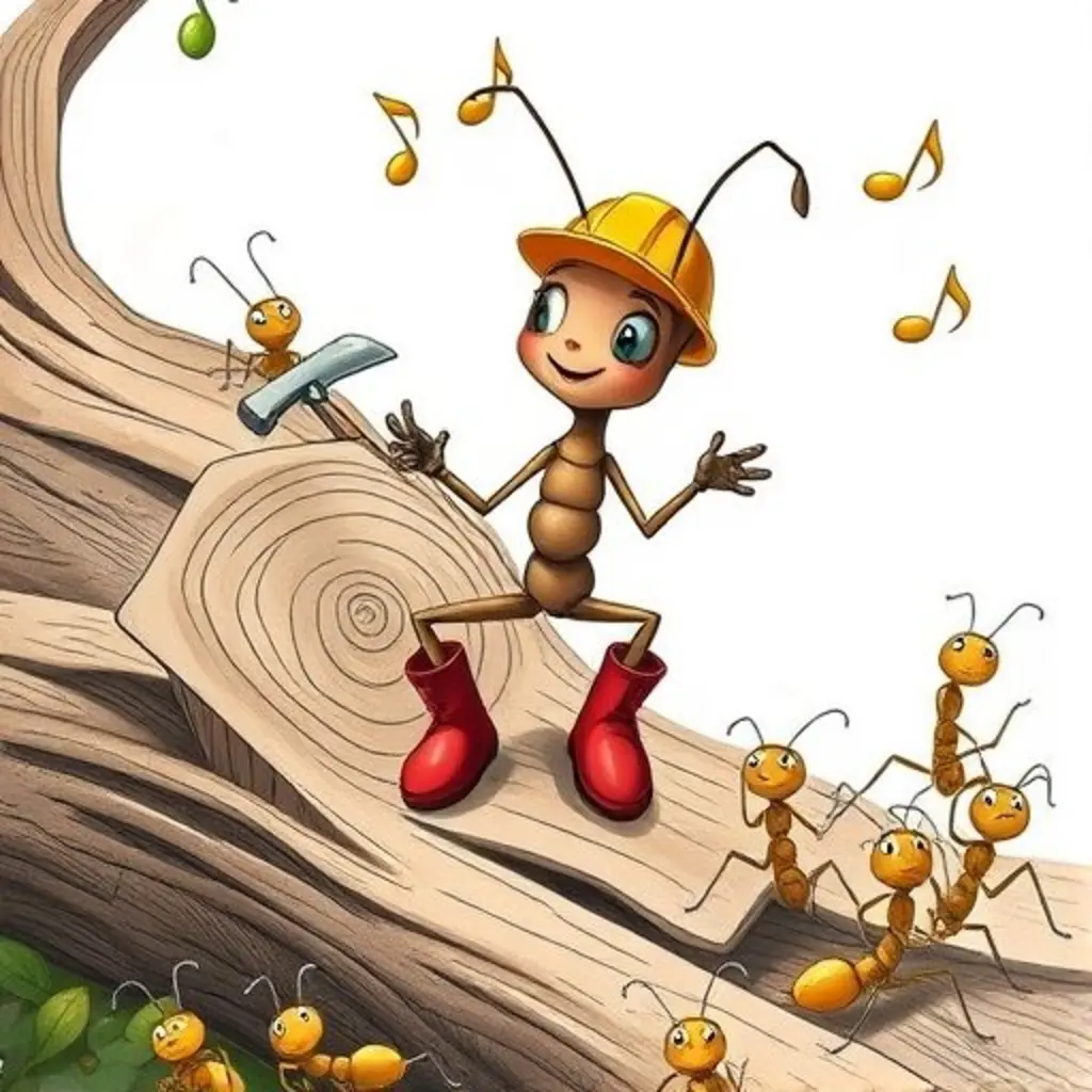 Arquitecta dirige una orquesta en el tronco, mientras otras hormigas se acercan curiosas.