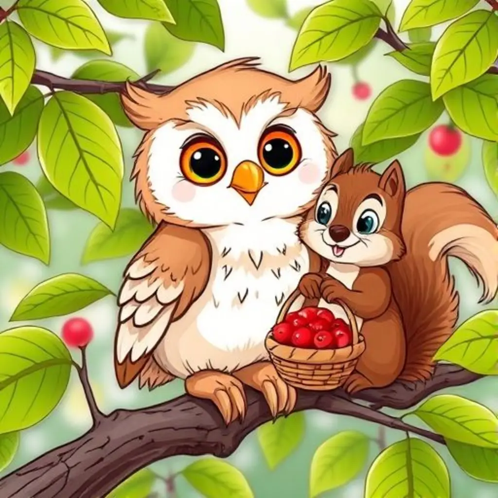 Plumitas y Tito la ardilla comparten bayas en el árbol, con hojas susurrantes alrededor.