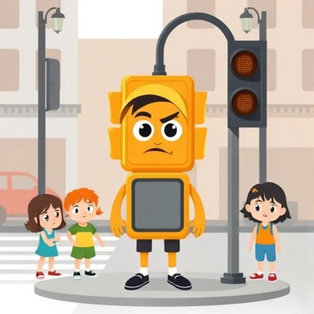 Fito, el semáforo, con cara de aburrido viendo a niños tristes.