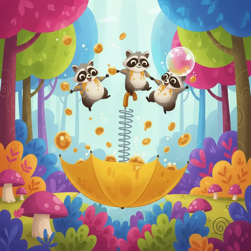 Los mapaches flotan con el paraguas sobre el bosque, rodeados de burbujas.