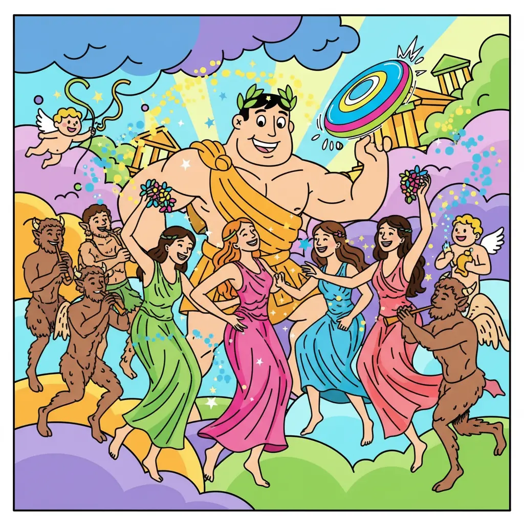 Hércules se une al baile, cubierto de polen de risas, disfrutando del festival.